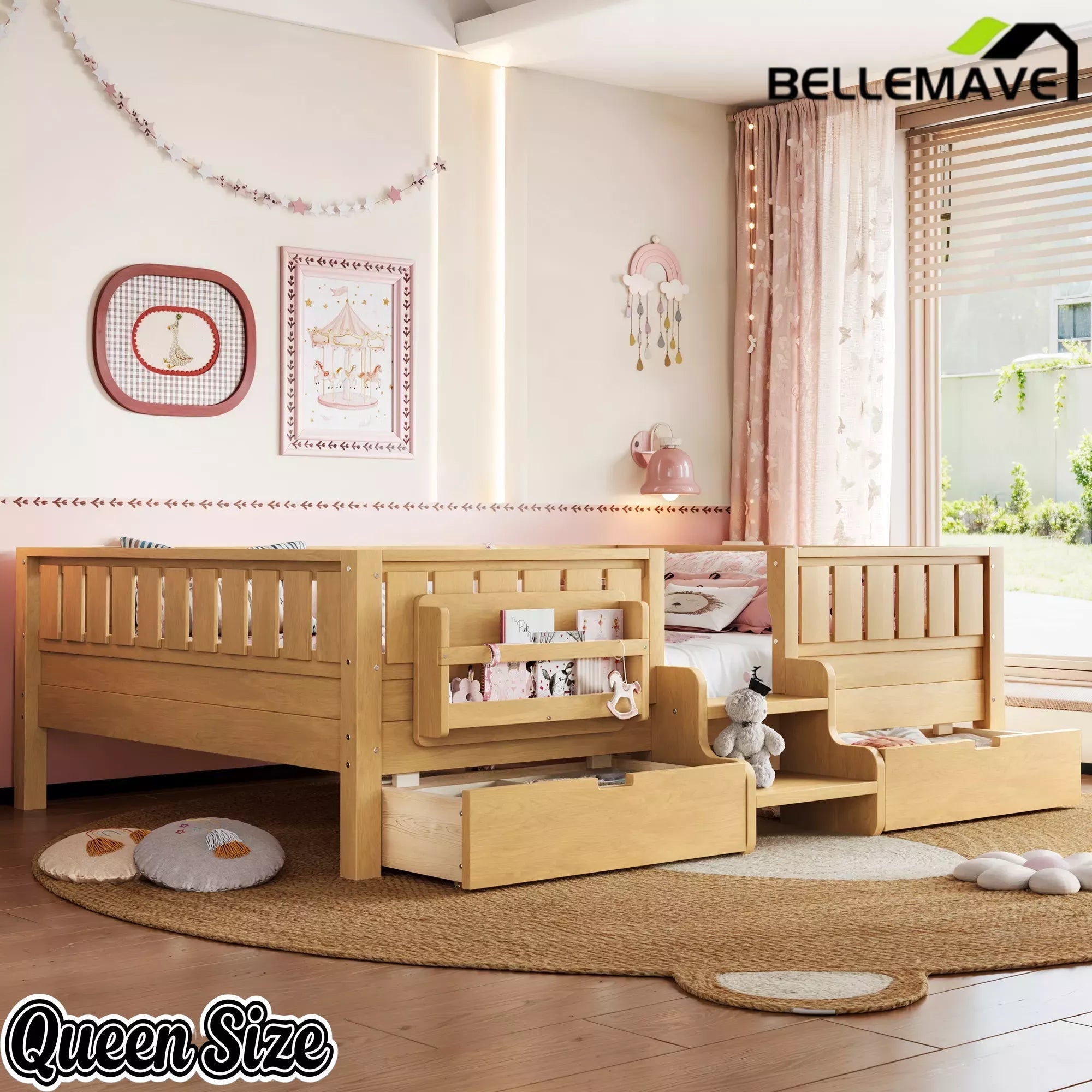 Bellemave® Kids Twin Size Montessori Bed Frame with Built-in Storage Shelves and Drawers, Floor Bed with Staircase and Full-Length High Rails,for Boys, Girls, Wood,Easy Assemble Bellemave®