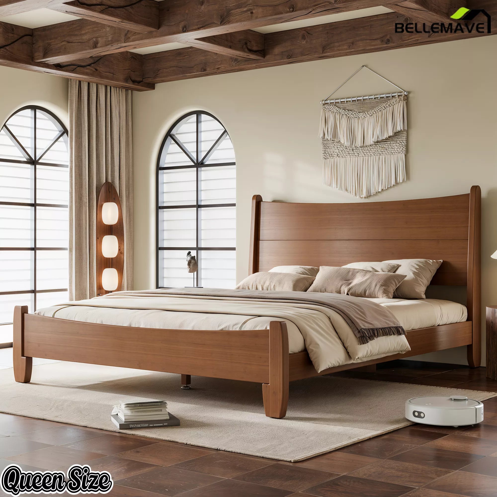Queen bamboo platform bed bedroom setup