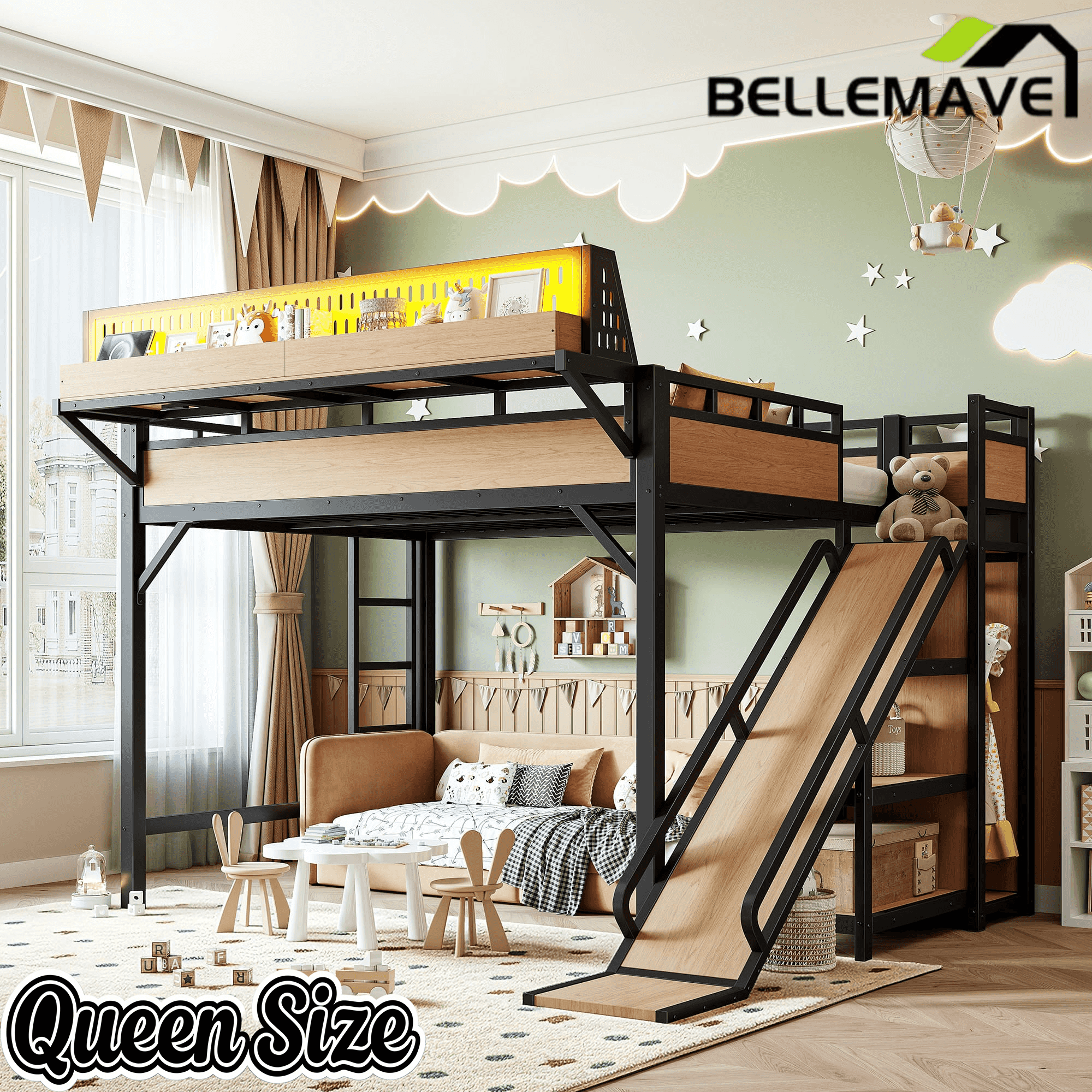 Bellemave® Loft Bed with Ladder, Storage Shelves & Slide,Wardrobe & Pegboard, Metal Loft Bed Frame with USB Ports & LED Lights Bellemave®