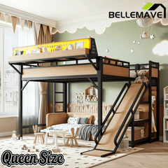 Bellemave® Loft Bed with Ladder, Storage Shelves & Slide,Wardrobe & Pegboard, Metal Loft Bed Frame with USB Ports & LED Lights Bellemave®