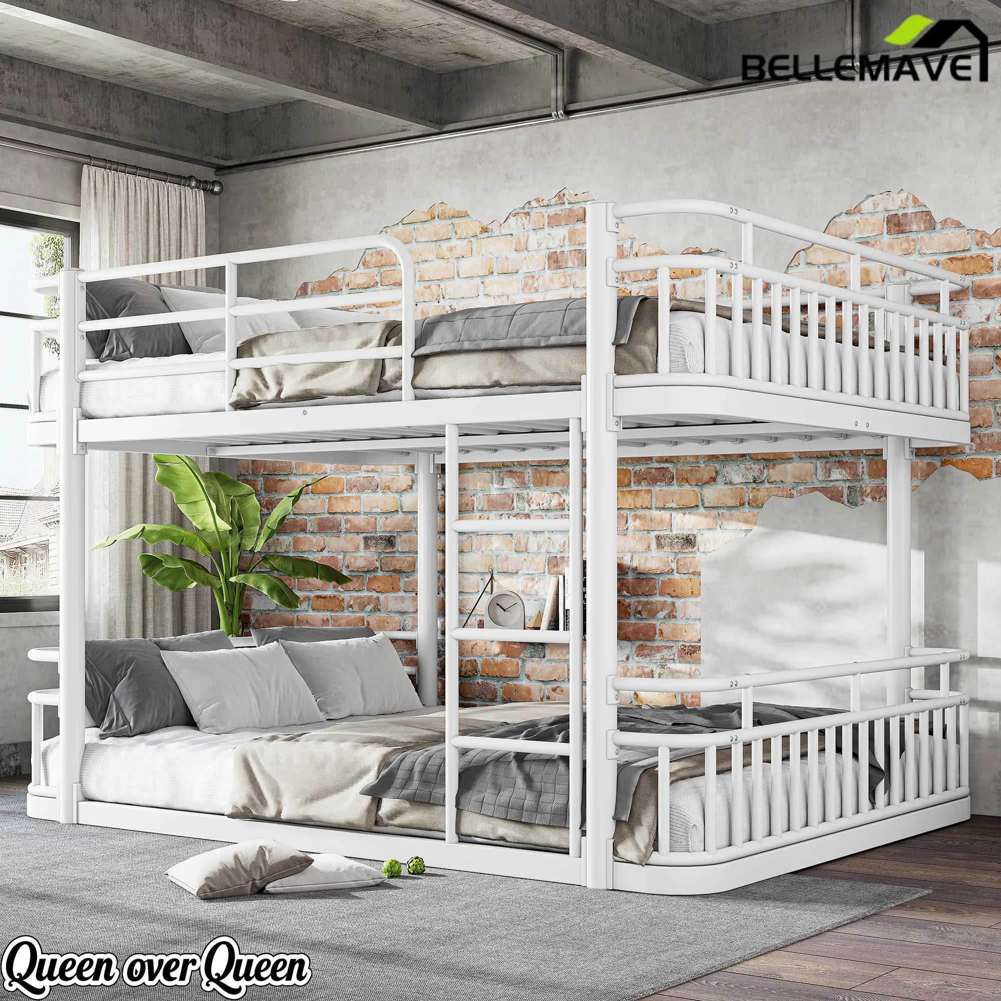white bunk bed with safety guardrails and ladder