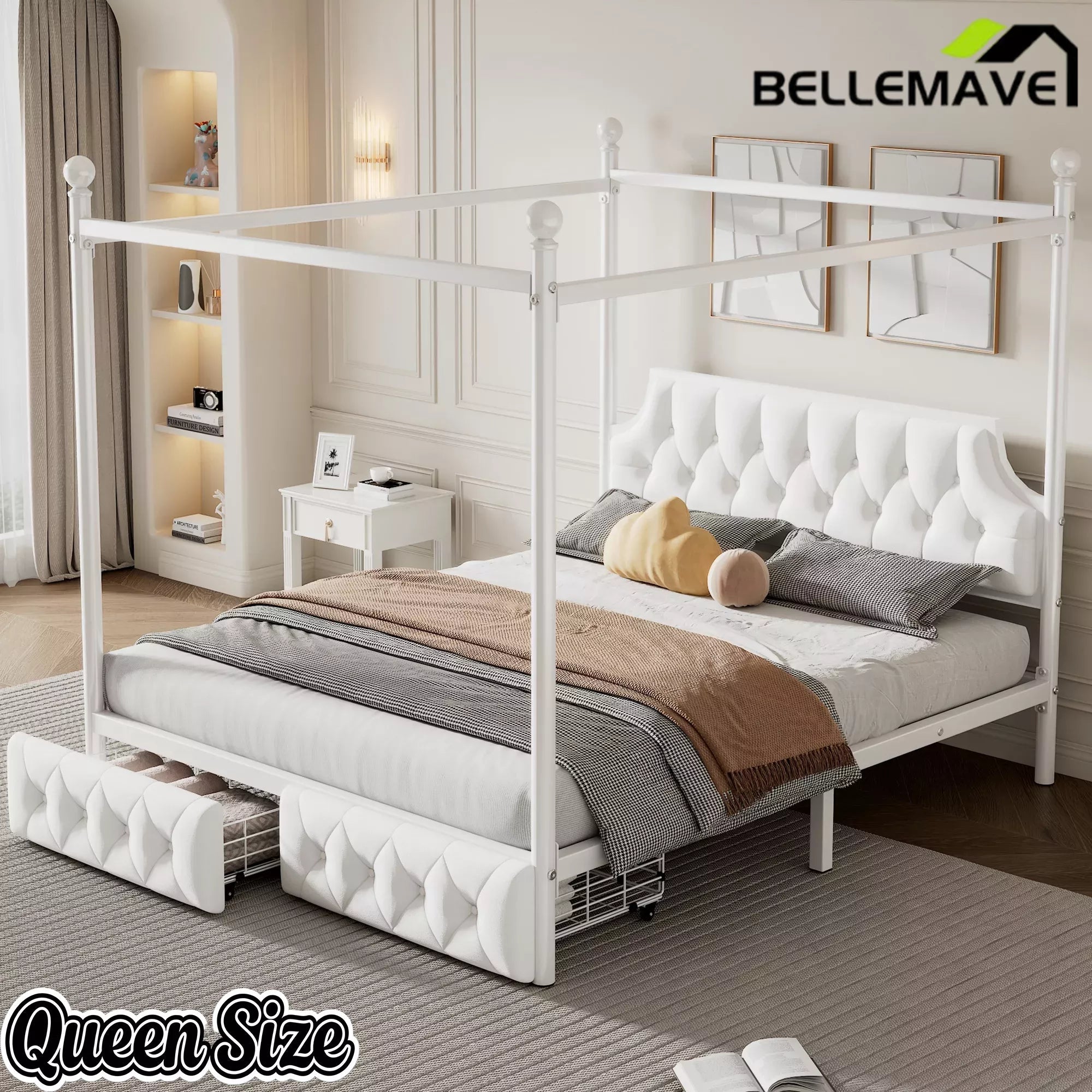 Bellemave® Queen Upholstered Canopy Bed Frame with 2 Drawers, Headboard & Storage, Four-Poster Metal Platform Bed Frame, White Bellemave®