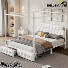 Bellemave® Queen Upholstered Canopy Bed Frame with 2 Drawers, Headboard & Storage, Four-Poster Metal Platform Bed Frame, White Bellemave®