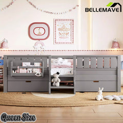 Bellemave® Kids Twin Size Montessori Bed Frame with Built-in Storage Shelves and Drawers, Floor Bed with Staircase and Full-Length High Rails,for Boys, Girls, Wood,Easy Assemble Bellemave®