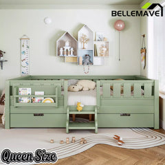 Bellemave® Montessori Bed with Stairs, Rails & Slats, Montessori Floor Bed with Bookshelf & 2 Storage Drawers for Girls & Boys Bellemave®