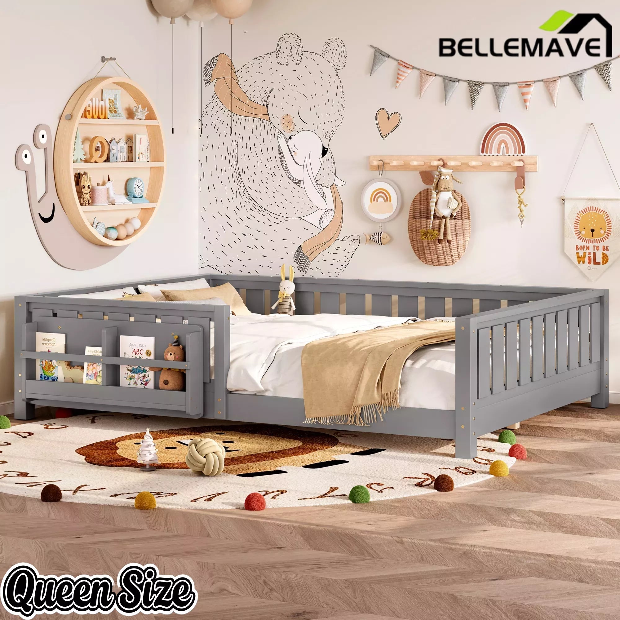 Bellemave® Kids Montessori Floor Bed with Safety Guardrails, Built-in Bookcase & Wooden Slats — Twin, Full, Queen Sizes Bellemave®