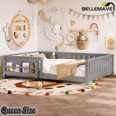 Bellemave® Kids Montessori Floor Bed with Safety Guardrails, Built-in Bookcase & Wooden Slats — Twin, Full, Queen Sizes Bellemave®