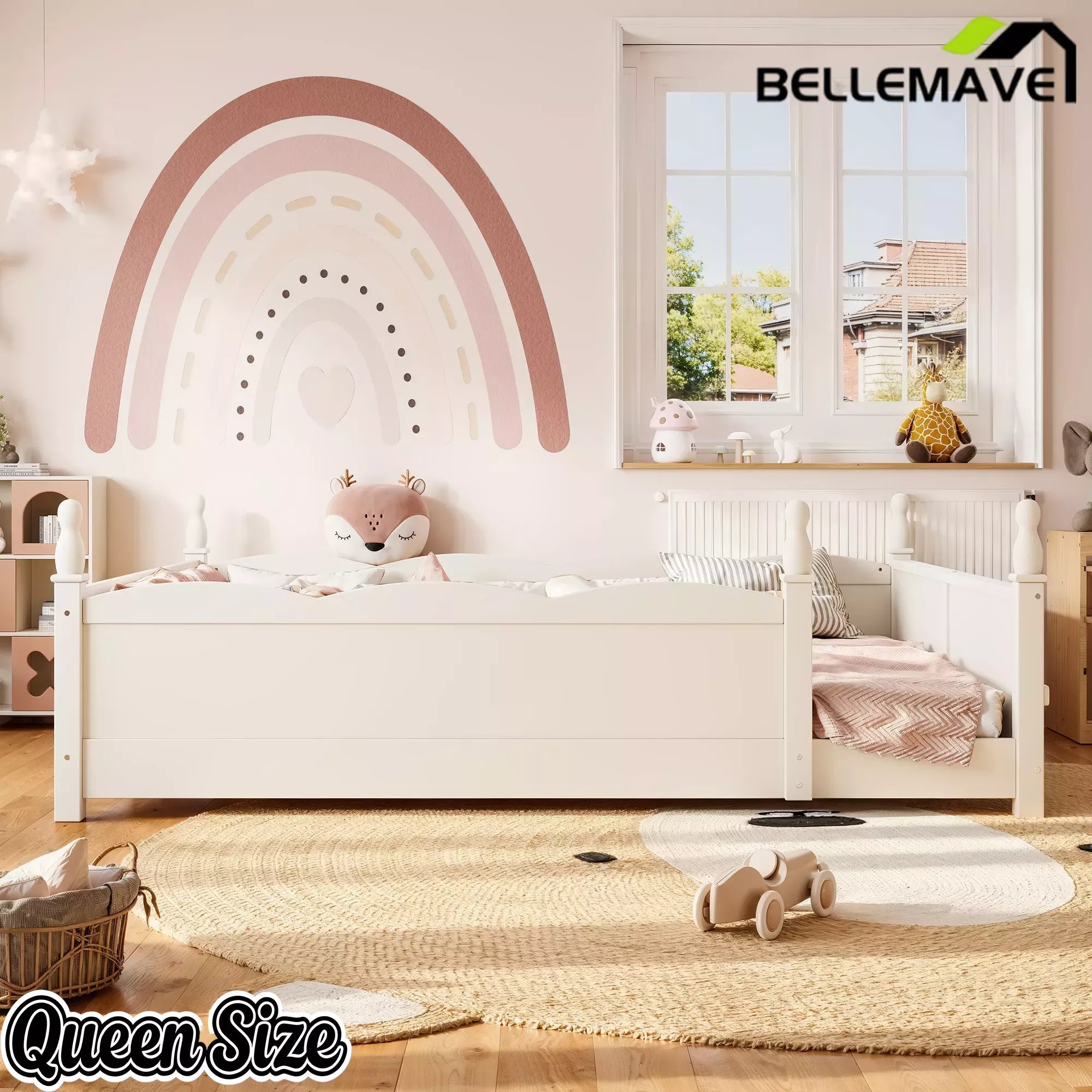 Bellemave® Floor Bed with Bookshelf & Safety Guardrails for Kids, Wooden Montessori Bed Frame with Childlike Design for Girls Boys Bellemave®