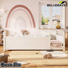 Bellemave® Floor Bed with Bookshelf & Safety Guardrails for Kids, Wooden Montessori Bed Frame with Childlike Design for Girls Boys Bellemave®