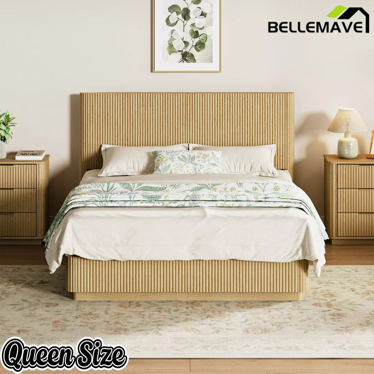 Bellemave® Mid Century Modern Bed Frame, Fluted Platform Bed Frame with Headboard, Wood & Steel Platform Beds with LED Lights, Heavy Metal Frame Support Bellemave®