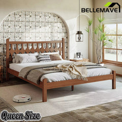 Bellemave® Bamboo Platform Bed with Diamond-shaped headboard, Solid Bamboo-made Bed Frame with Support Slats, for Bedroom, Guest Rooms, Brown Bellemave®