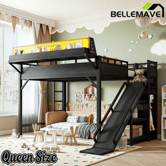 Bellemave® Loft Bed with Ladder, Storage Shelves & Slide,Wardrobe & Pegboard, Metal Loft Bed Frame with USB Ports & LED Lights Bellemave®