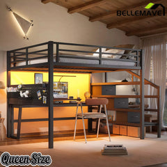 Bellemave® Loft Bed with Movable Desk, Storage Stairs & Shelves, Metal Bed with LED Lights, USB Ports, Multifunctional Iron Nets for Adults, Kids, Teens Bellemave®