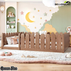 Bellemave® Solid Wood Montessori Floor Bed with Fence Guardrails, Low Profile Kids Floor Bed Frame
