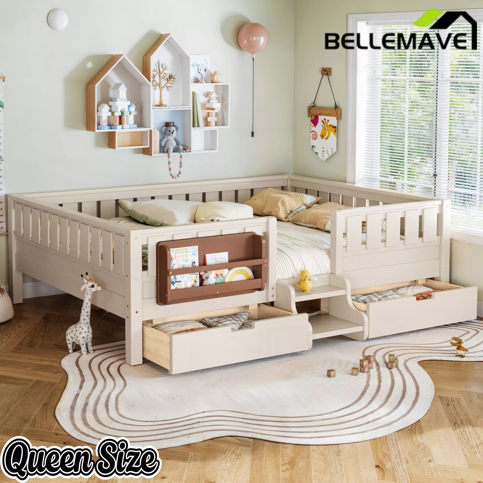 Bellemave® Montessori Bed with Stairs, Rails & Slats, Montessori Floor Bed with Bookshelf & 2 Storage Drawers for Girls & Boys Bellemave®