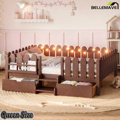 Bellemave® Kids Platform Bed with Guardrail, Bookshelf, Stairs & LED Lights