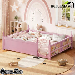 Bellemave® Floor Bed with Bookshelf & Safety Guardrails for Kids, Wooden Montessori Bed Frame with Childlike Design for Girls Boys Bellemave®