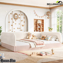 Bellemave® Montessori Floor Bed for Kids, Upholstered Teddy Fleece Low Profile Platform Bed with Side Guardrails