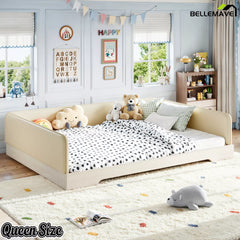 Bellemave® Upholstered Montessori Floor Bed with Removable Guardrails, Faux Leather Low Profile Platform Bed