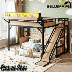 Bellemave® Loft Bed with Ladder, Storage Shelves & Slide,Wardrobe & Pegboard, Metal Loft Bed Frame with USB Ports & LED Lights Bellemave®