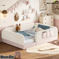 Bellemave® Kids Upholstered Floor Bed with Full Surround Safety Rails, Montessori Low Profile Bed with Teddy Fleece Frame & Side Storage Pocket