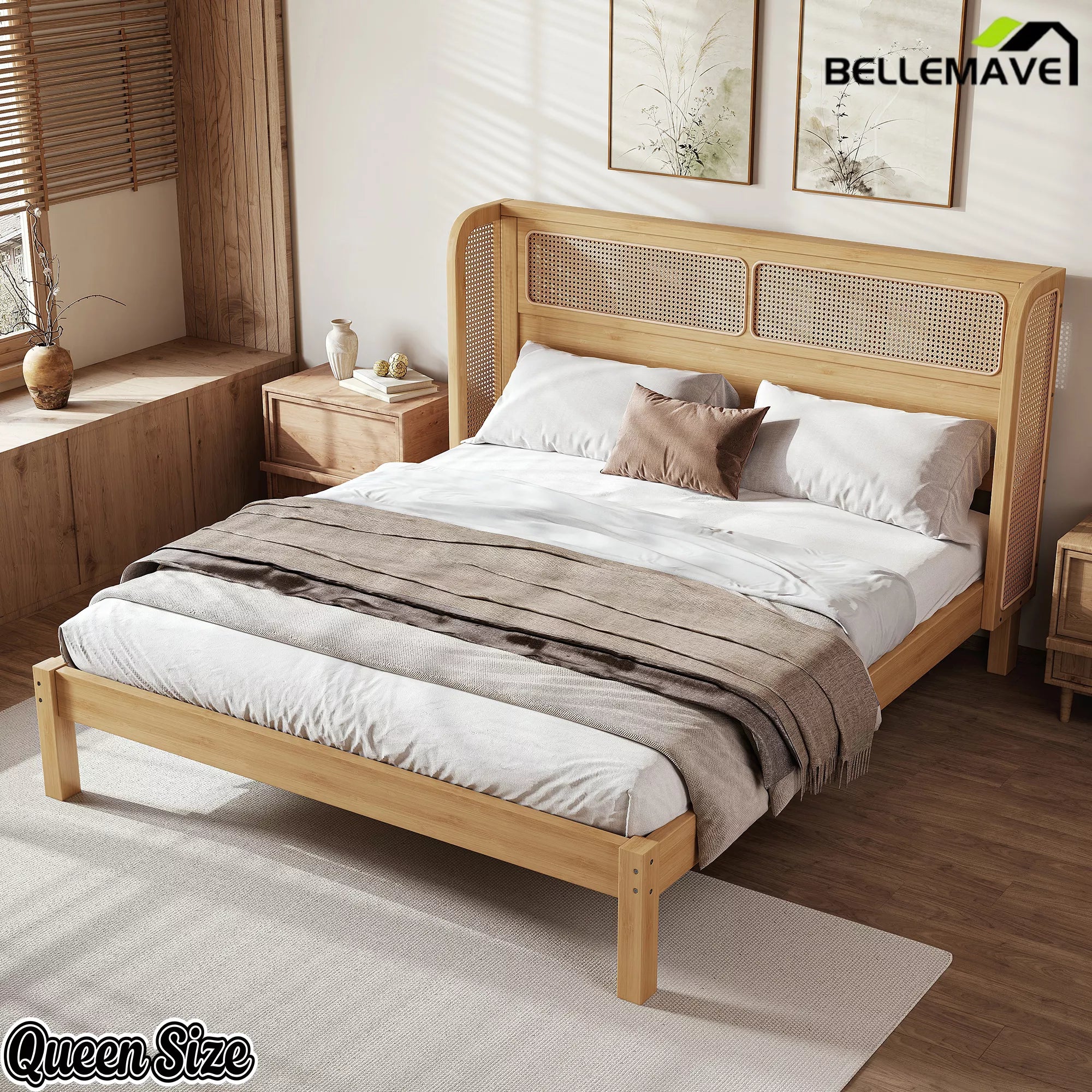 modern bamboo platform bed with rattan woven headboard