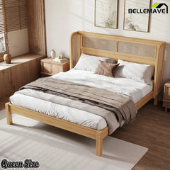 modern bamboo platform bed with rattan woven headboard