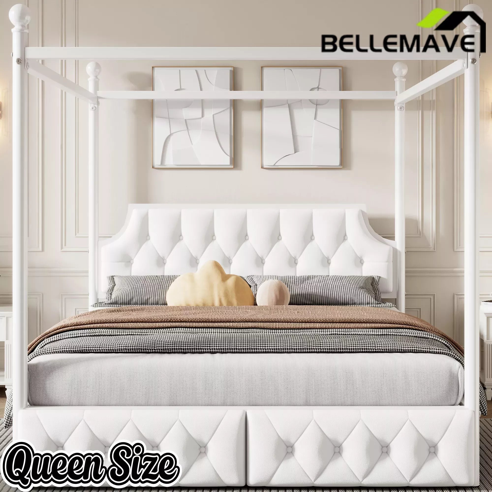 Bellemave® Queen Upholstered Canopy Bed Frame with 2 Drawers, Headboard & Storage, Four-Poster Metal Platform Bed Frame, White Bellemave®