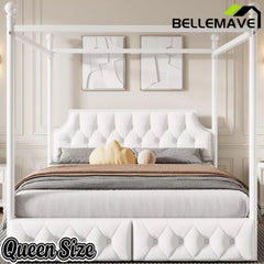 Bellemave® Queen Upholstered Canopy Bed Frame with 2 Drawers, Headboard & Storage, Four-Poster Metal Platform Bed Frame, White Bellemave®