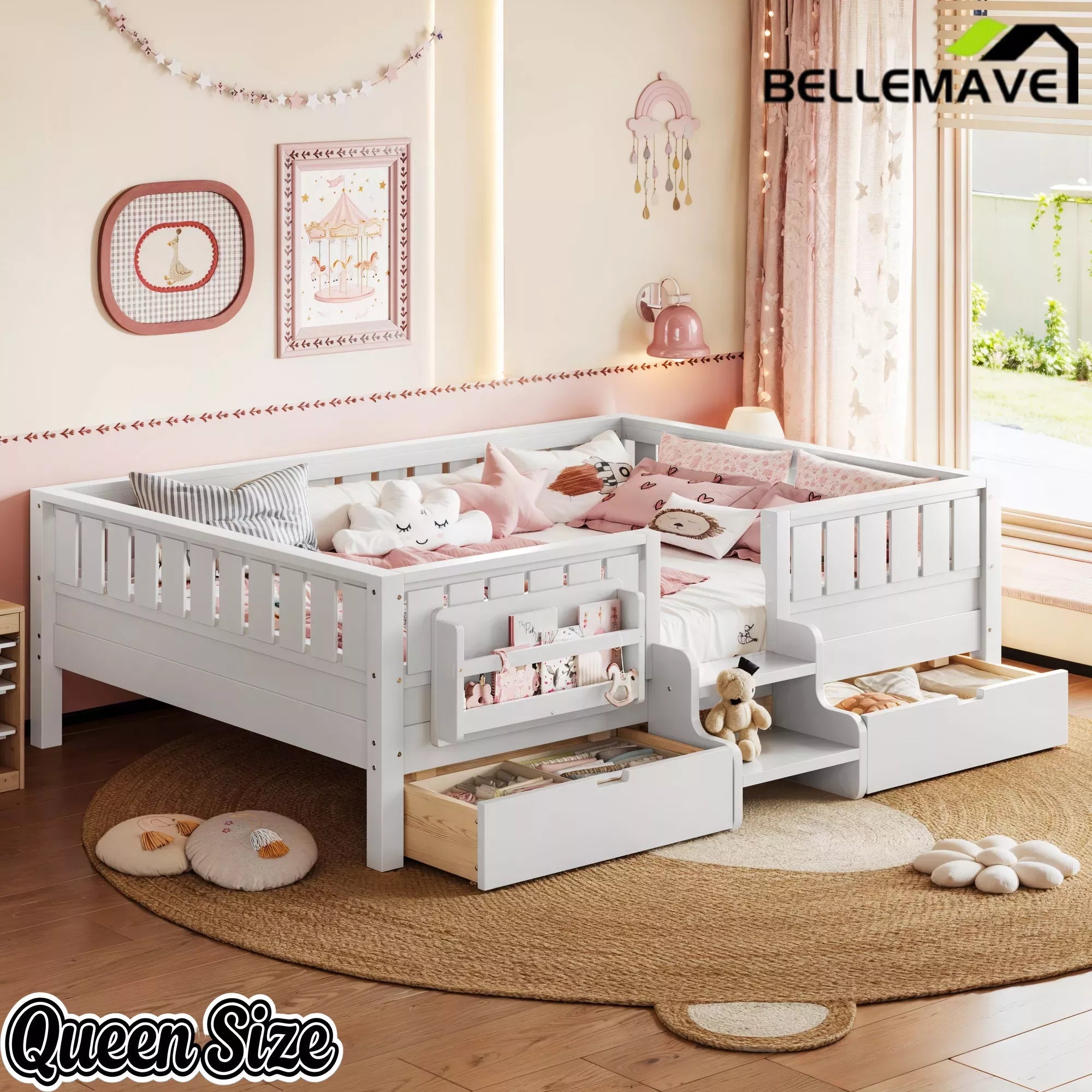 Bellemave® Kids Twin Size Montessori Bed Frame with Built-in Storage Shelves and Drawers, Floor Bed with Staircase and Full-Length High Rails,for Boys, Girls, Wood,Easy Assemble Bellemave®