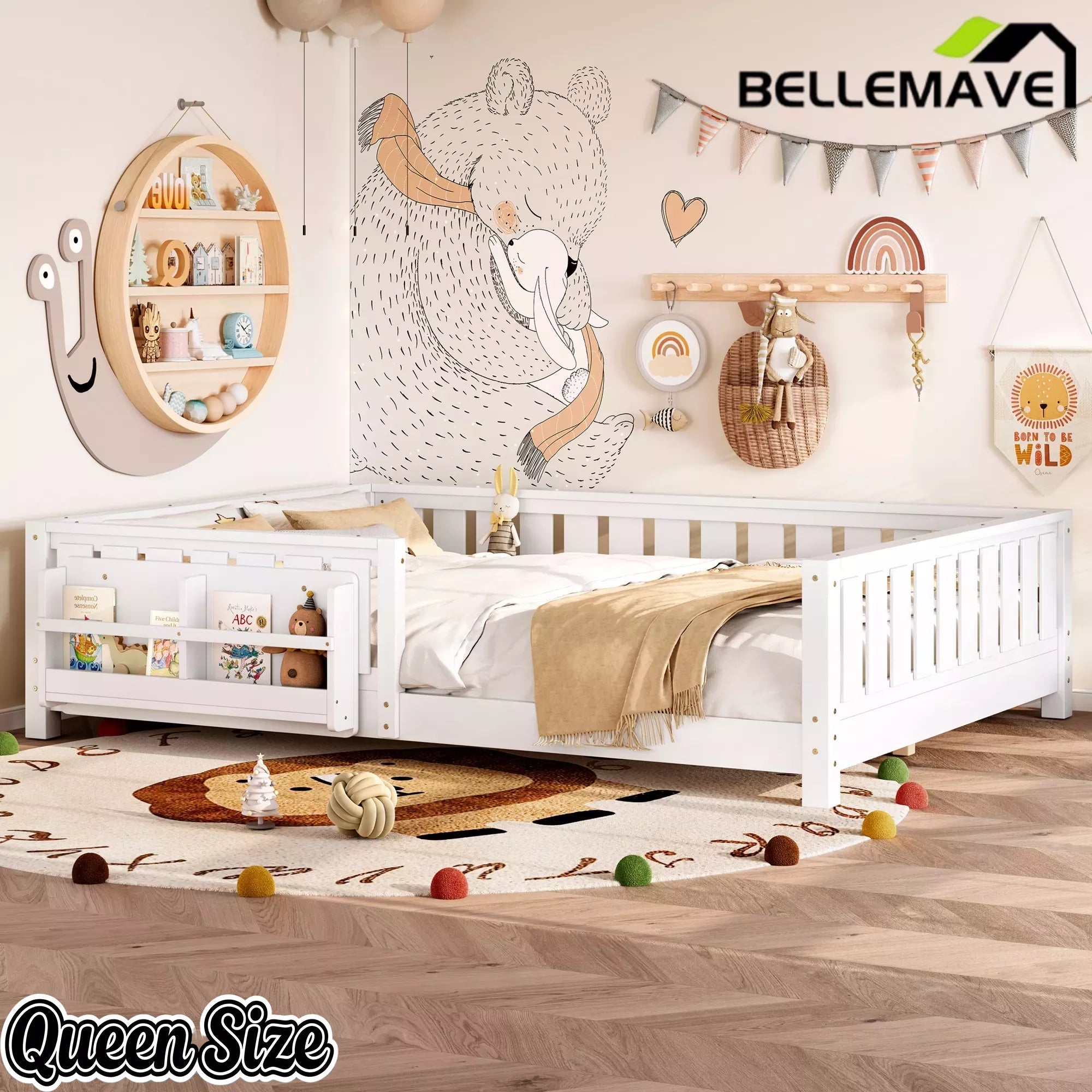 Bellemave® Kids Montessori Floor Bed with Safety Guardrails, Built-in Bookcase & Wooden Slats — Twin, Full, Queen Sizes Bellemave®
