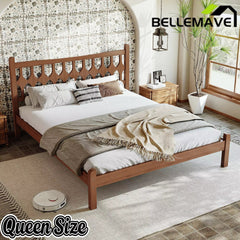 Bellemave® Bamboo Platform Bed with Diamond-shaped headboard, Solid Bamboo-made Bed Frame with Support Slats, for Bedroom, Guest Rooms, Brown Bellemave®