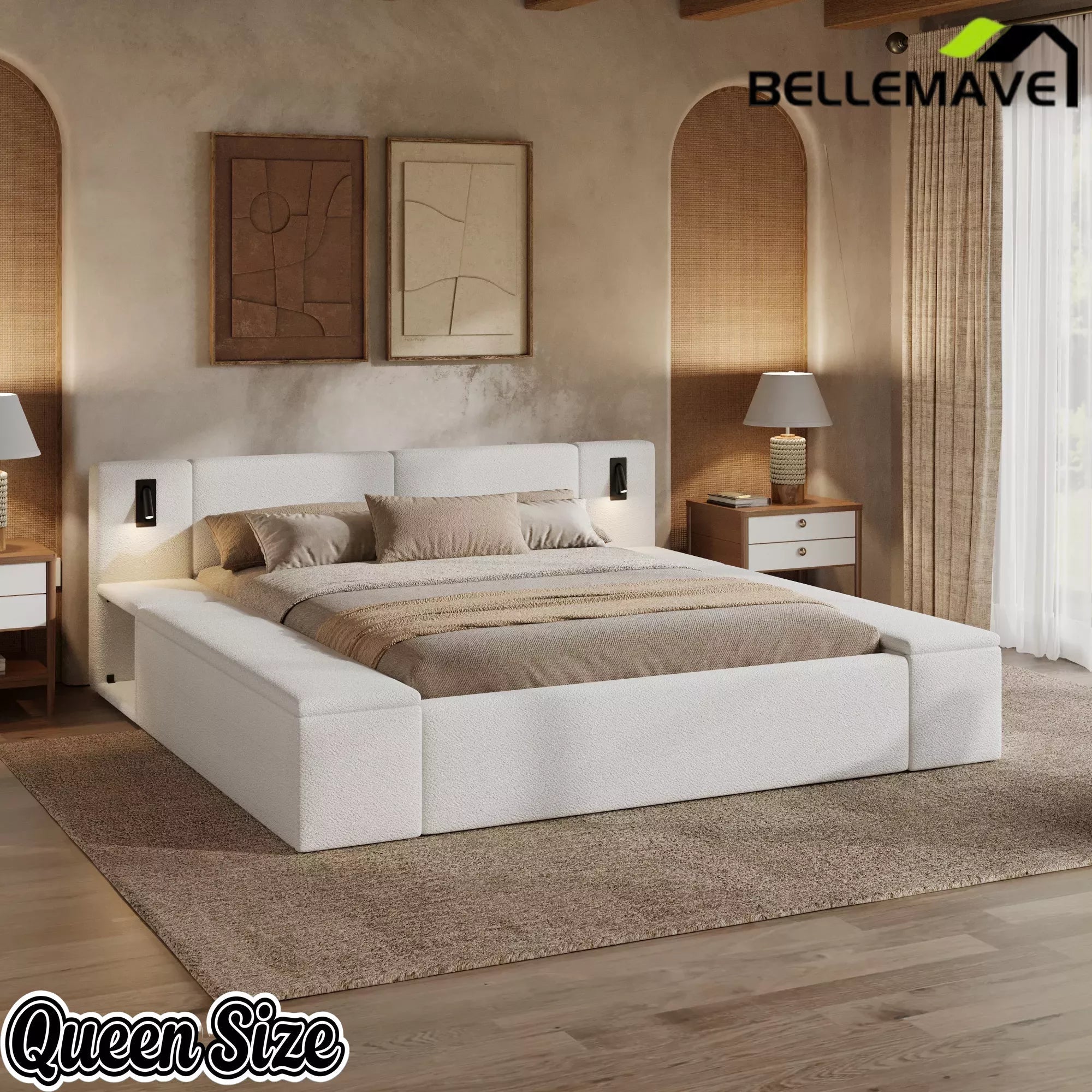 Bellemave® Upholstered Platform Bed Frame with Massive Hidden Storage, Modern Bouclé Fabric Bed with Built-in Nightstands & LED Reading Lights, Wood Slats Bellemave®