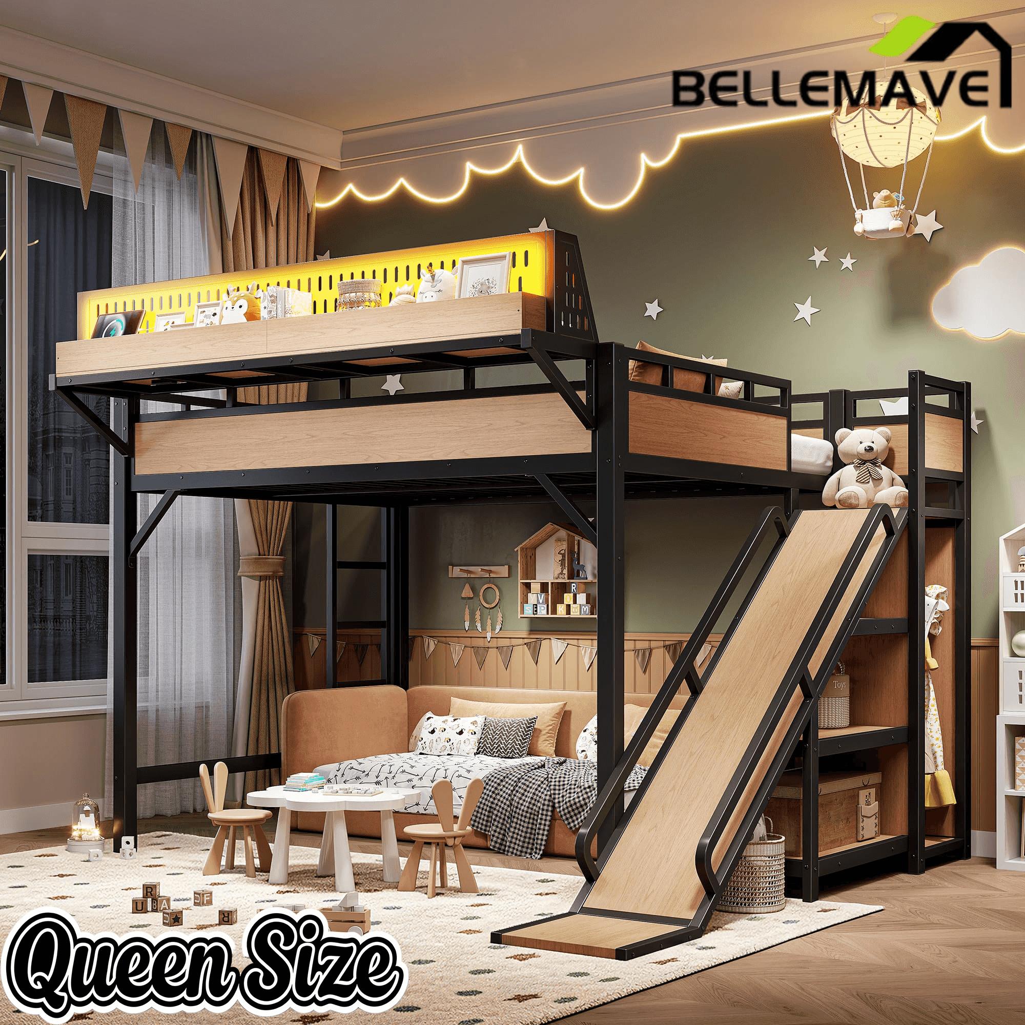 Bellemave® Loft Bed with Ladder, Storage Shelves & Slide,Wardrobe & Pegboard, Metal Loft Bed Frame with USB Ports & LED Lights Bellemave®
