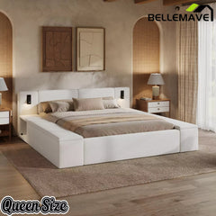 Bellemave® Upholstered Platform Bed Frame with Massive Hidden Storage, Modern Bouclé Fabric Bed with Built-in Nightstands & LED Reading Lights, Wood Slats Bellemave®