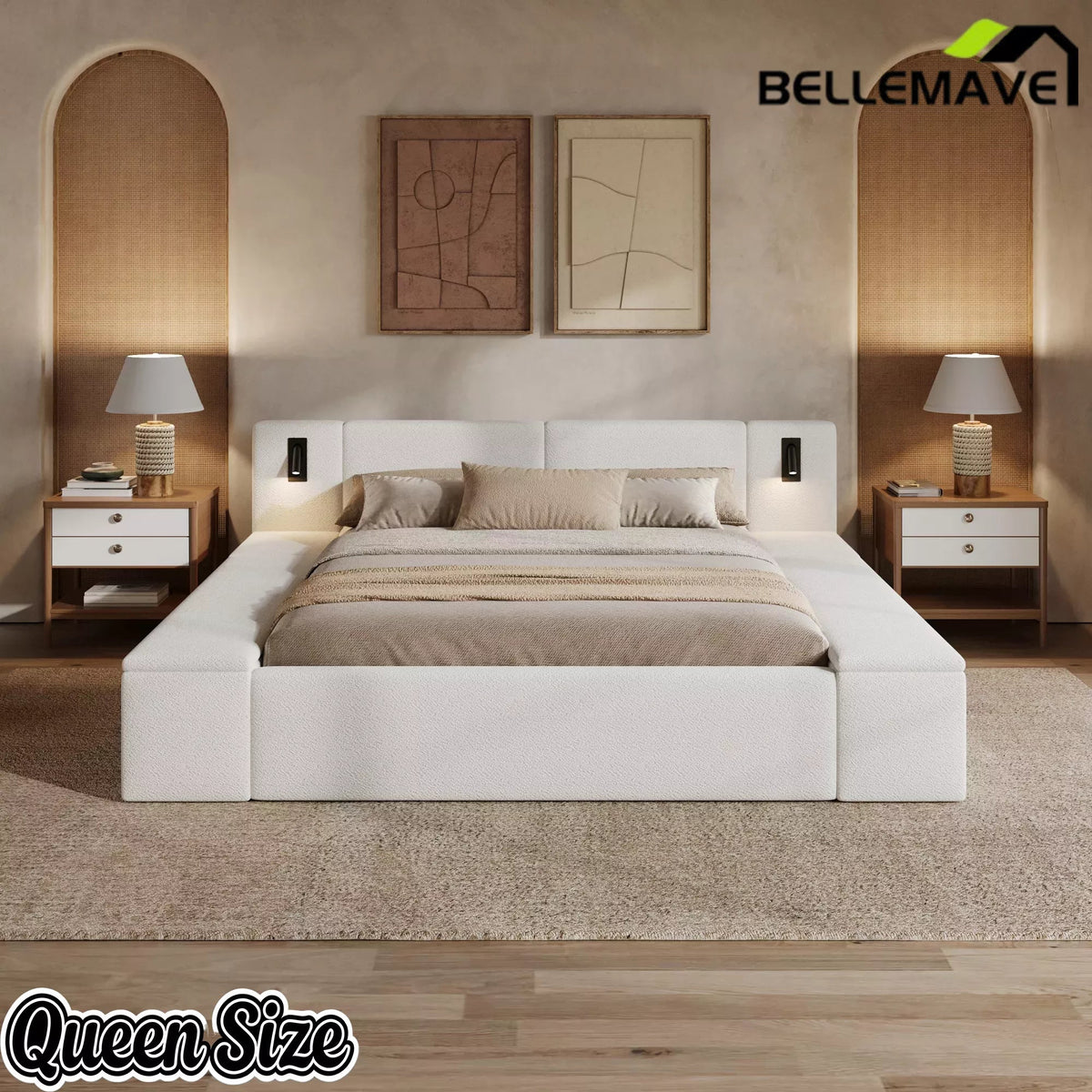 Bellemave® Upholstered Platform Bed Frame with Massive Hidden Storage, Modern Bouclé Fabric Bed with Built-in Nightstands & LED Reading Lights, Wood Slats Bellemave®