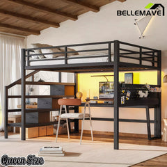Bellemave® Loft Bed with Movable Desk, Storage Stairs & Shelves, Metal Bed with LED Lights, USB Ports, Multifunctional Iron Nets for Adults, Kids, Teens Bellemave®