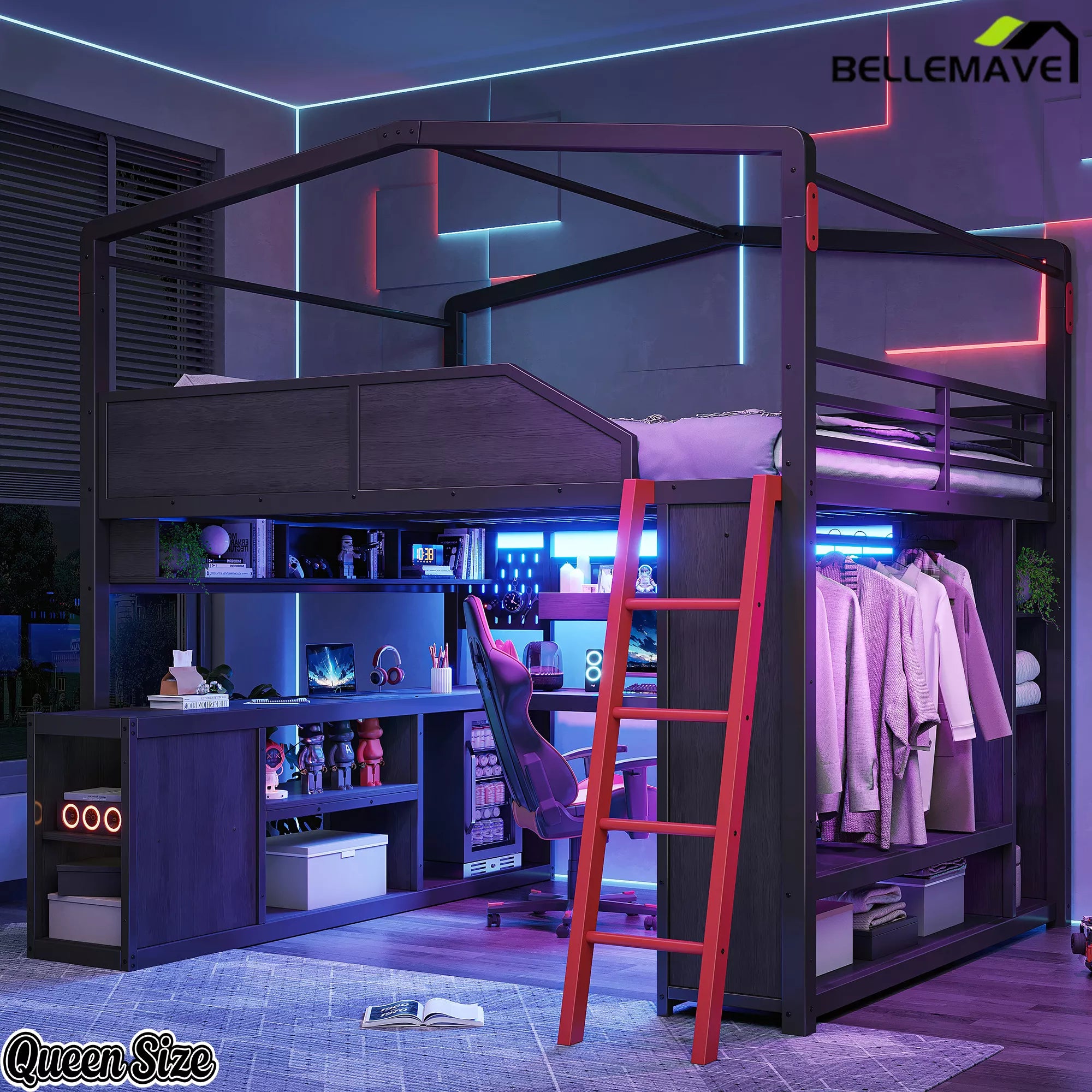 Queen Size Gaming Loft Bed Front Angle View