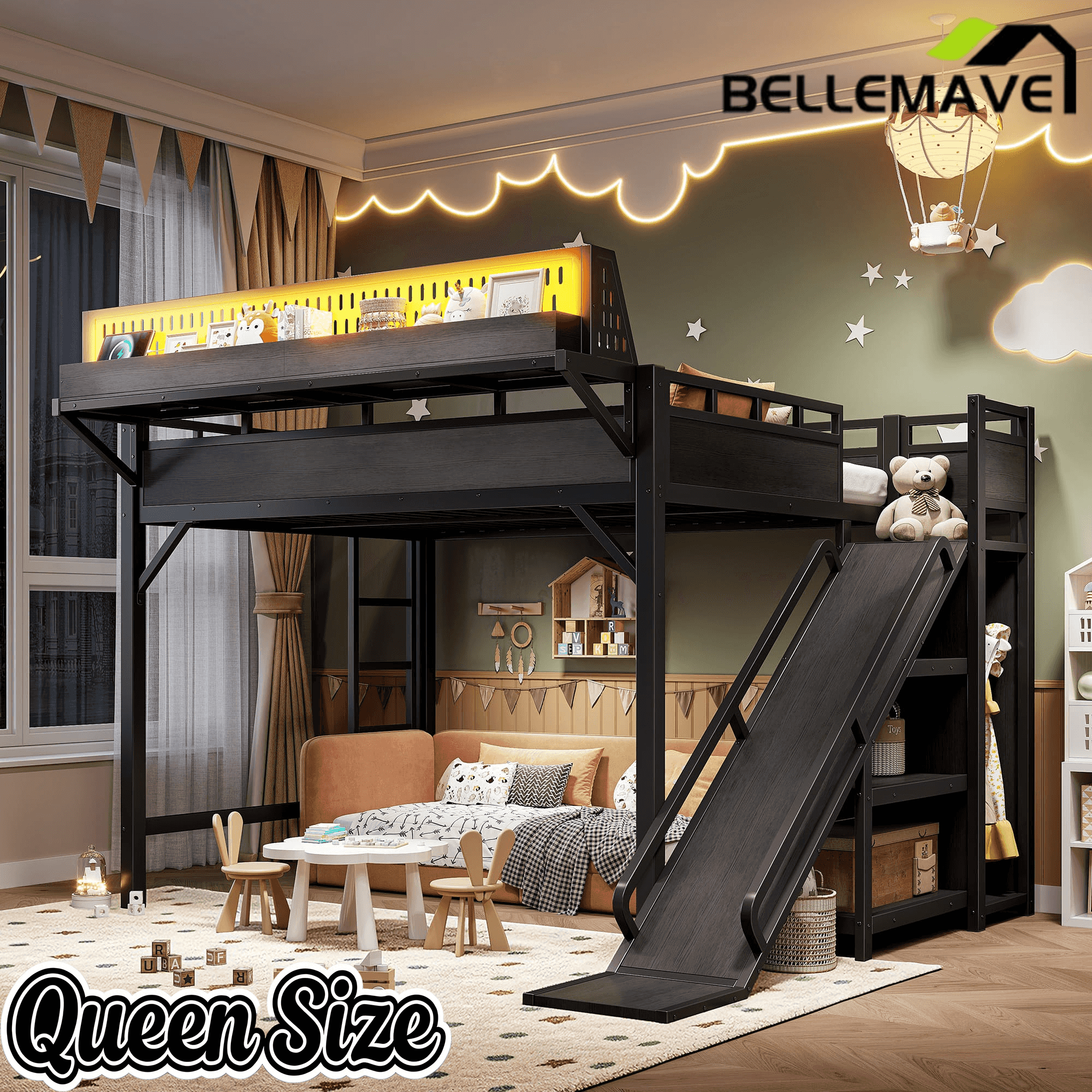 Bellemave® Loft Bed with Ladder, Storage Shelves & Slide,Wardrobe & Pegboard, Metal Loft Bed Frame with USB Ports & LED Lights Bellemave®