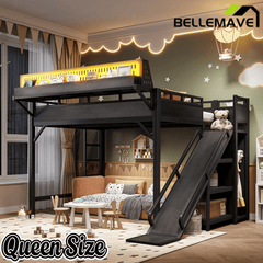 Bellemave® Loft Bed with Ladder, Storage Shelves & Slide,Wardrobe & Pegboard, Metal Loft Bed Frame with USB Ports & LED Lights Bellemave®