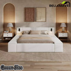 Bellemave® Upholstered Platform Bed Frame with Massive Hidden Storage, Modern Bouclé Fabric Bed with Built-in Nightstands & LED Reading Lights, Wood Slats Bellemave®