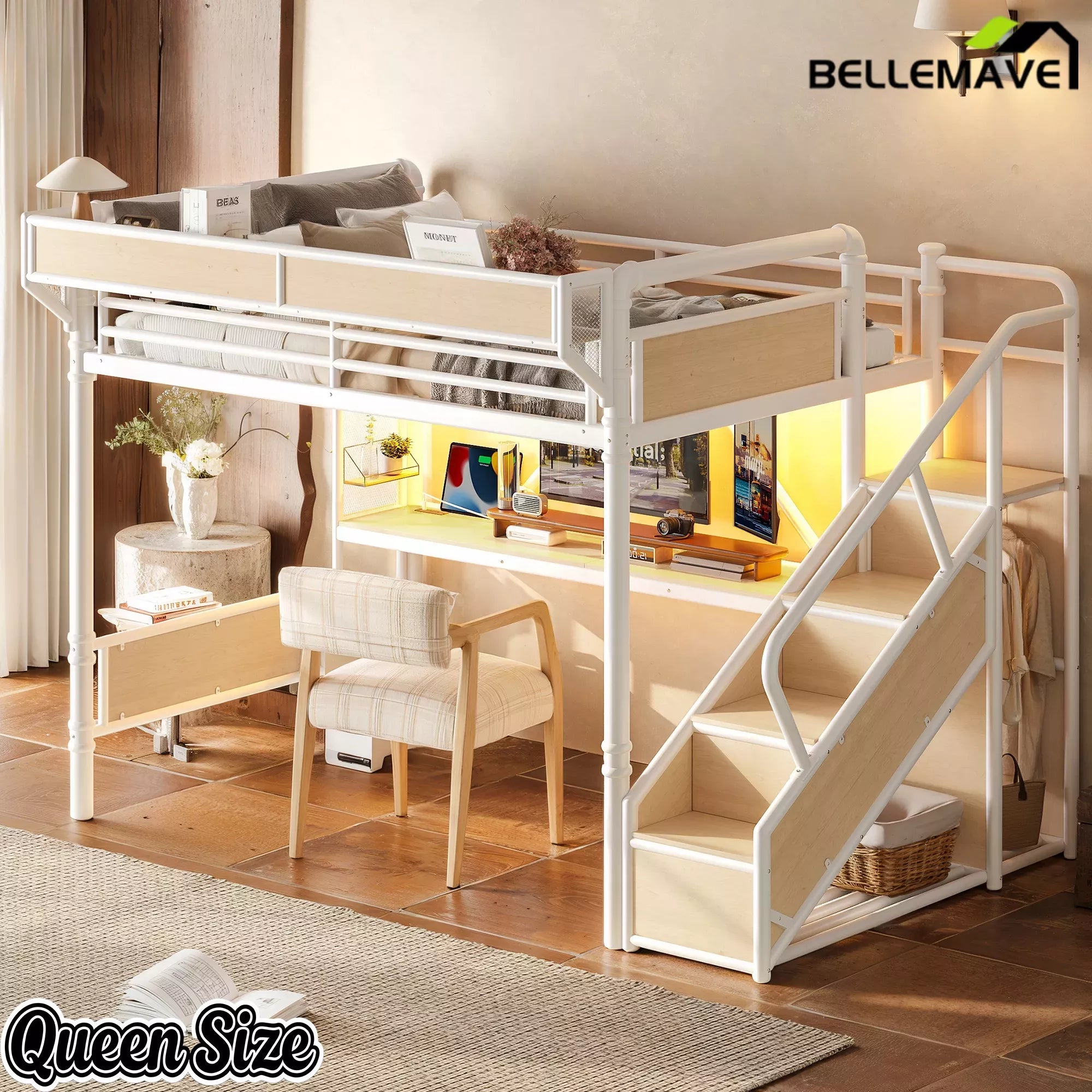 Bellemave® Full Size Loft Bed with Desk, LED Lights & Storage Stairs – Industrial Metal Frame with Built-in Wardrobe Bellemave®