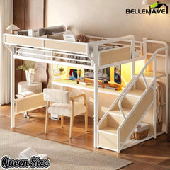 Bellemave® Full Size Loft Bed with Desk, LED Lights & Storage Stairs – Industrial Metal Frame with Built-in Wardrobe Bellemave®