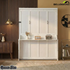 Queen size murphy bed with white wall cabinet closed design