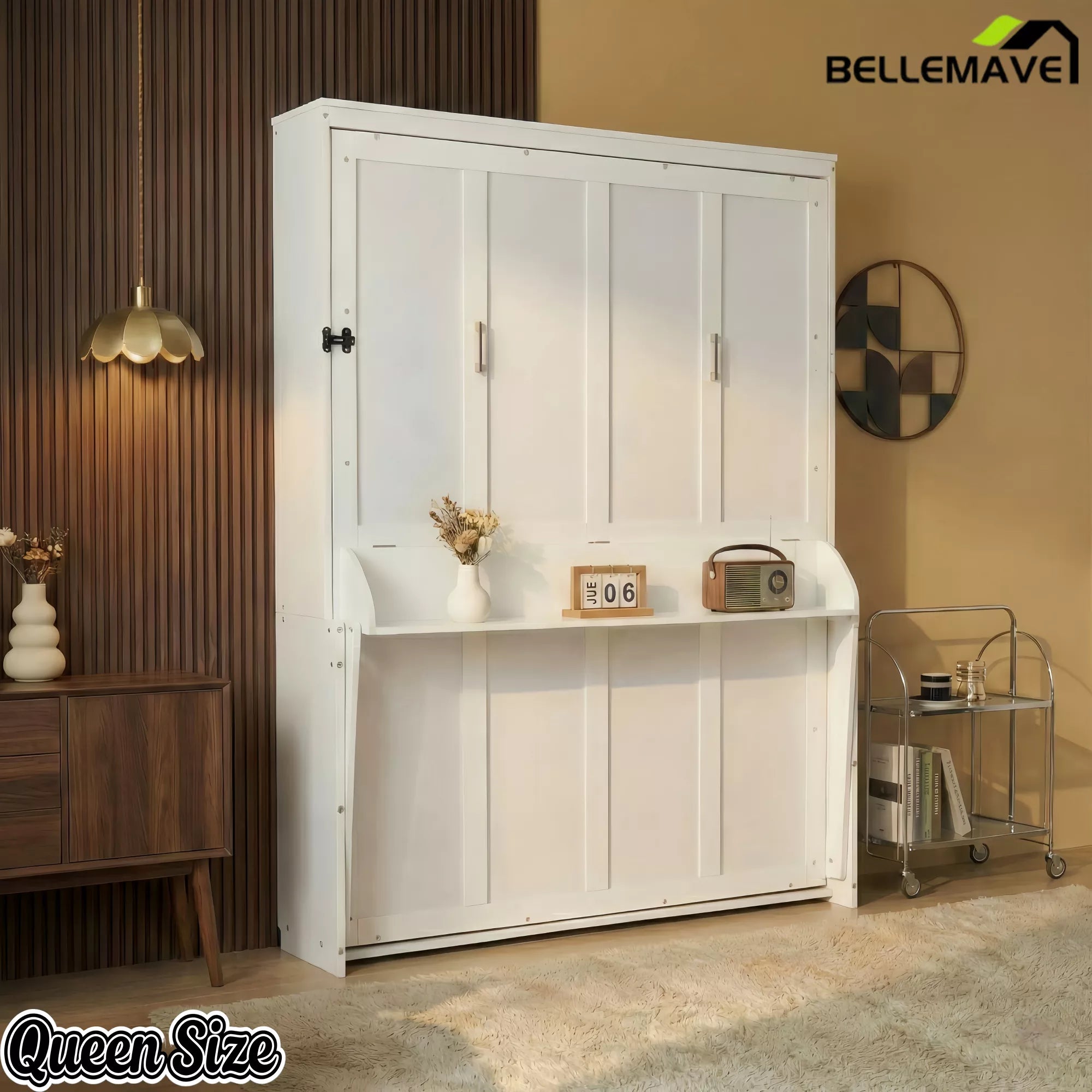 White queen size hidden wall bed cabinet in bedroom