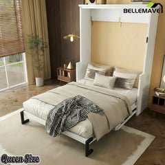 White queen murphy bed opened with mattress setup