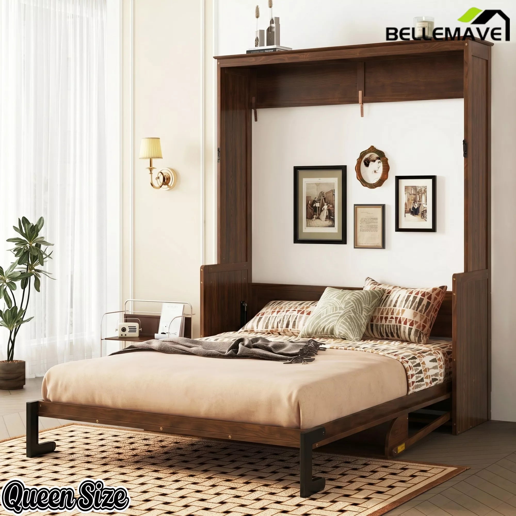 Walnut queen size murphy bed with hidden wall cabinet