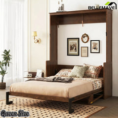 Walnut queen size murphy bed with hidden wall cabinet