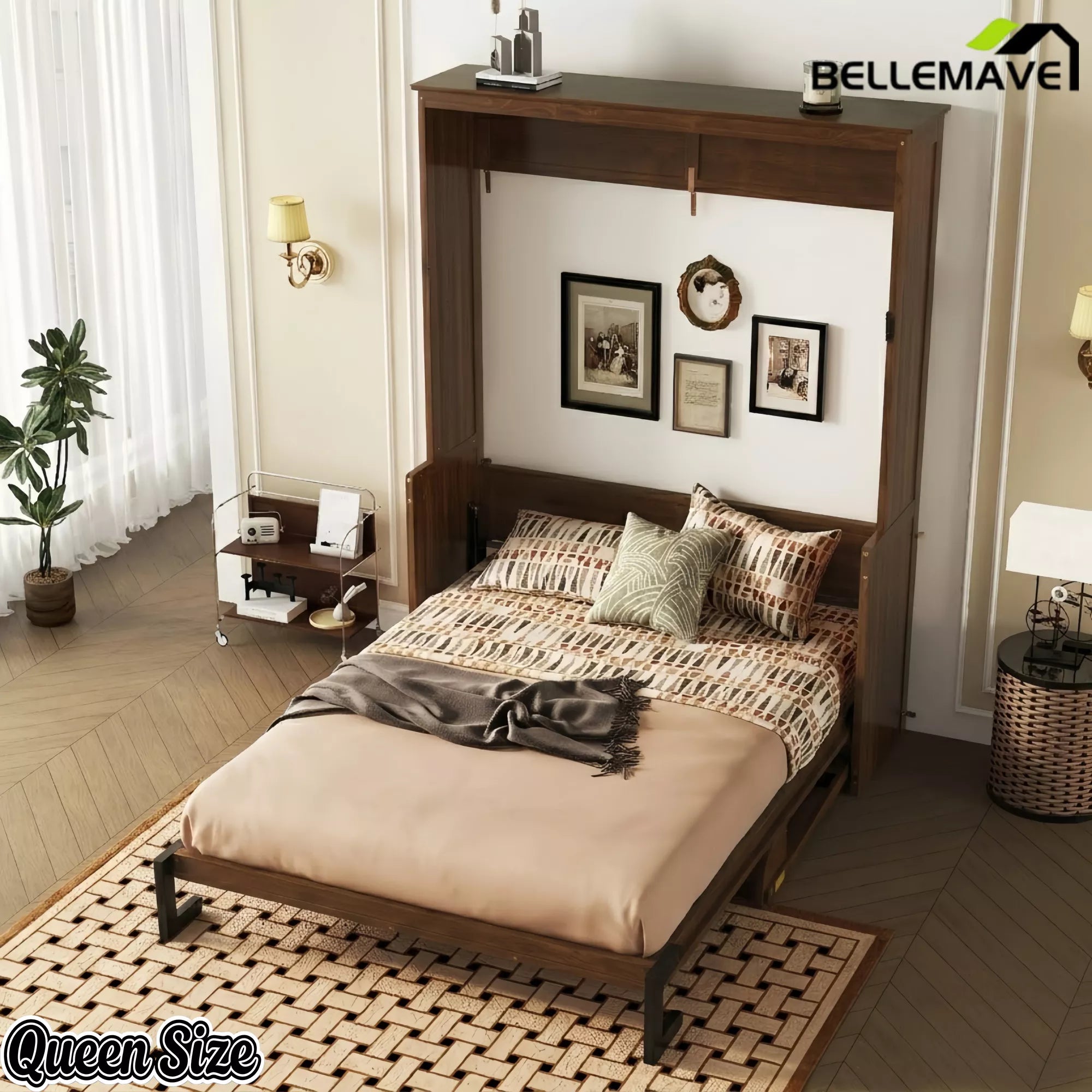 Walnut finish queen size wall bed in bedroom