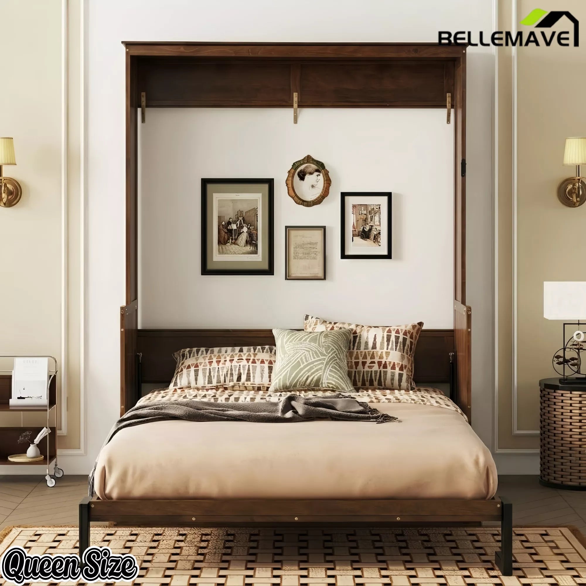 Queen size wood murphy bed with cabinet design